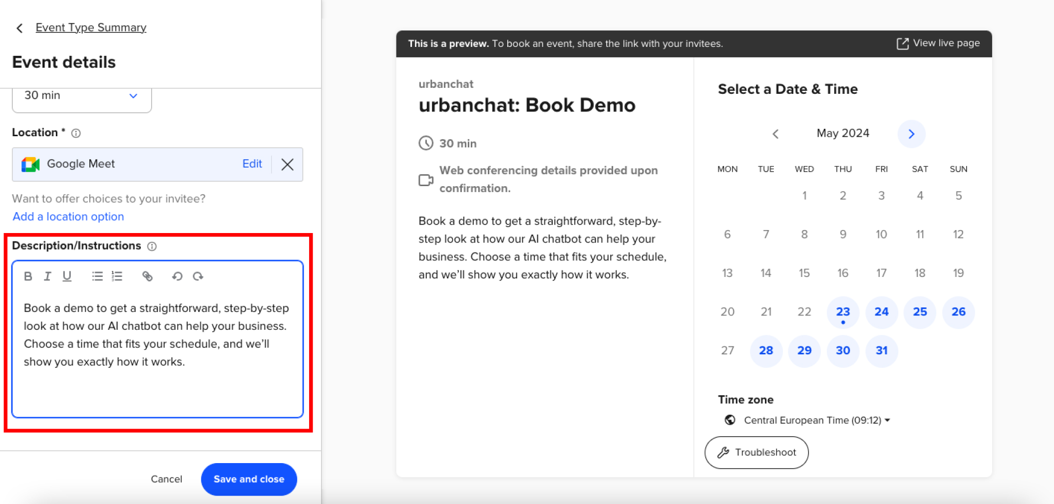 write description on calendly